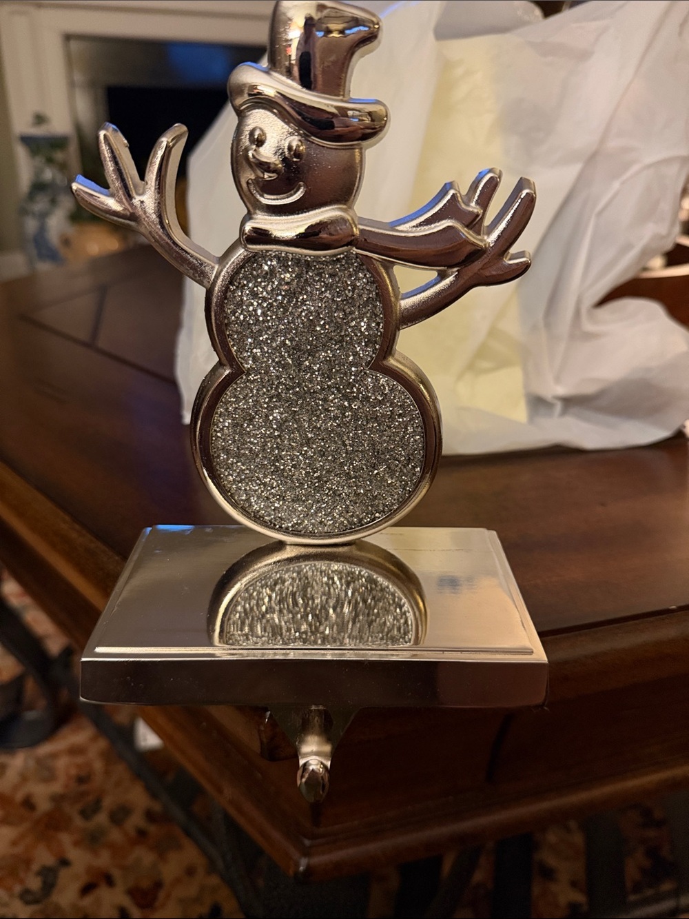 Silver Glitter Snowman stocking holder by Kurt Adler